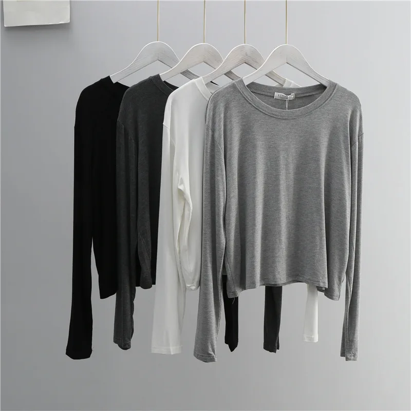 T-Shirts - O-Ausschnitt Baumwollmischung Langarm-T-Shirt für Damen Schwarz