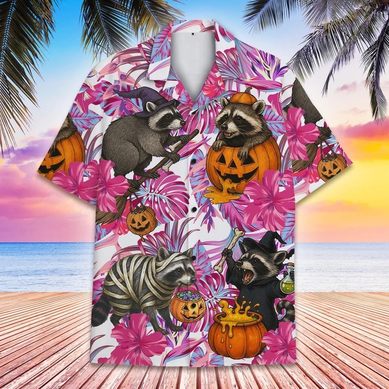 Vintage Hawaiian Floral Shirt - Herren Sommer Hawaiianisches Waschbär-Kürbis-Y2k-Skull-Hemd für Männer,