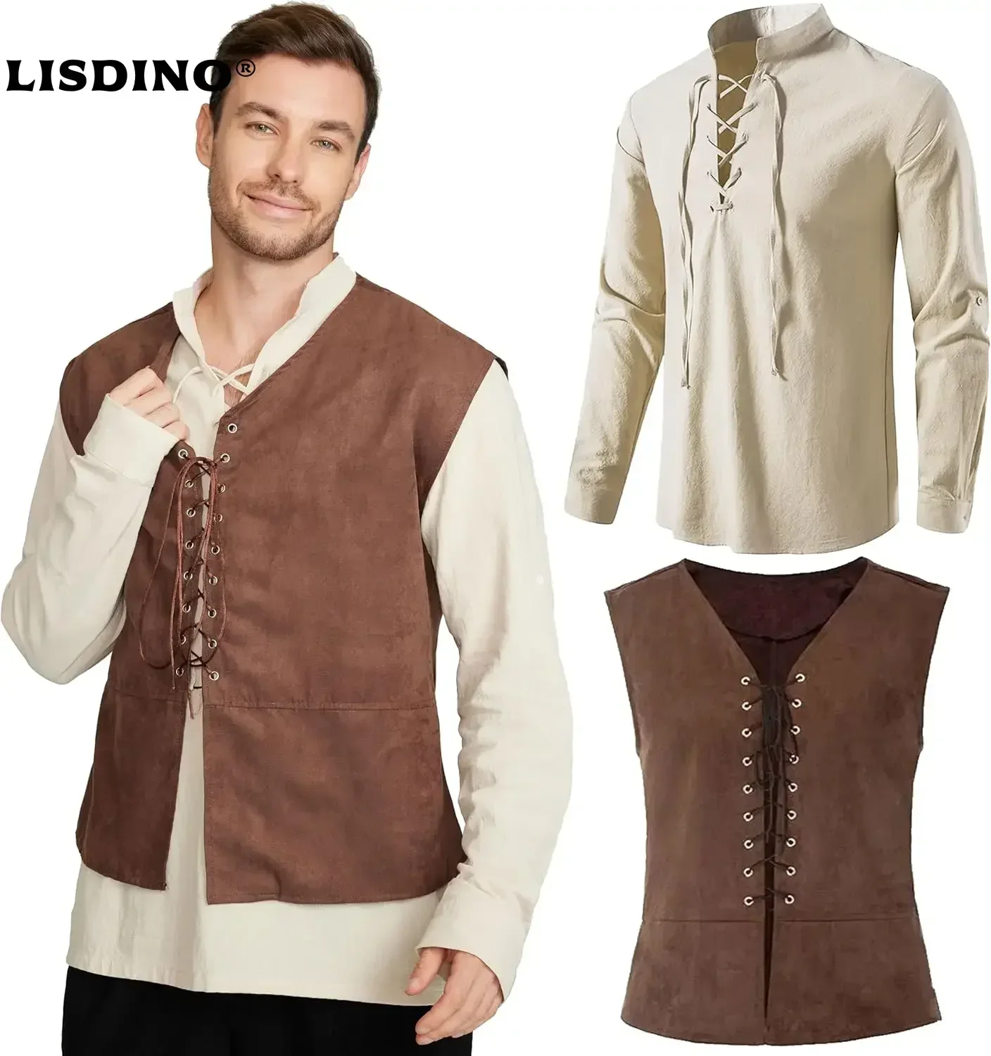 Medieval Gothic Lace Up Pirate Shirt - 2-teiliges Set für Herren, mittelalterliche Piratenweste,