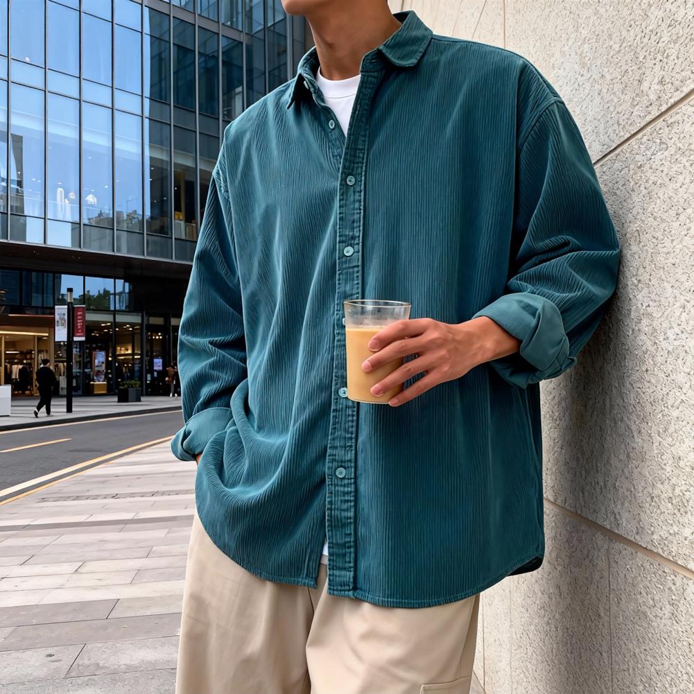 Corduroy Button Up Shirt Men - Neues Herren-Cordhemd, entspannte Passform, langärmlig, mit