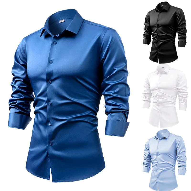 Mens Satin Silk Dress Shirt - 2025, Frühlings-Herbst-Königsblau-Seidensatin-Langarmhemden für Herren, Marineblau, Business-Casual,