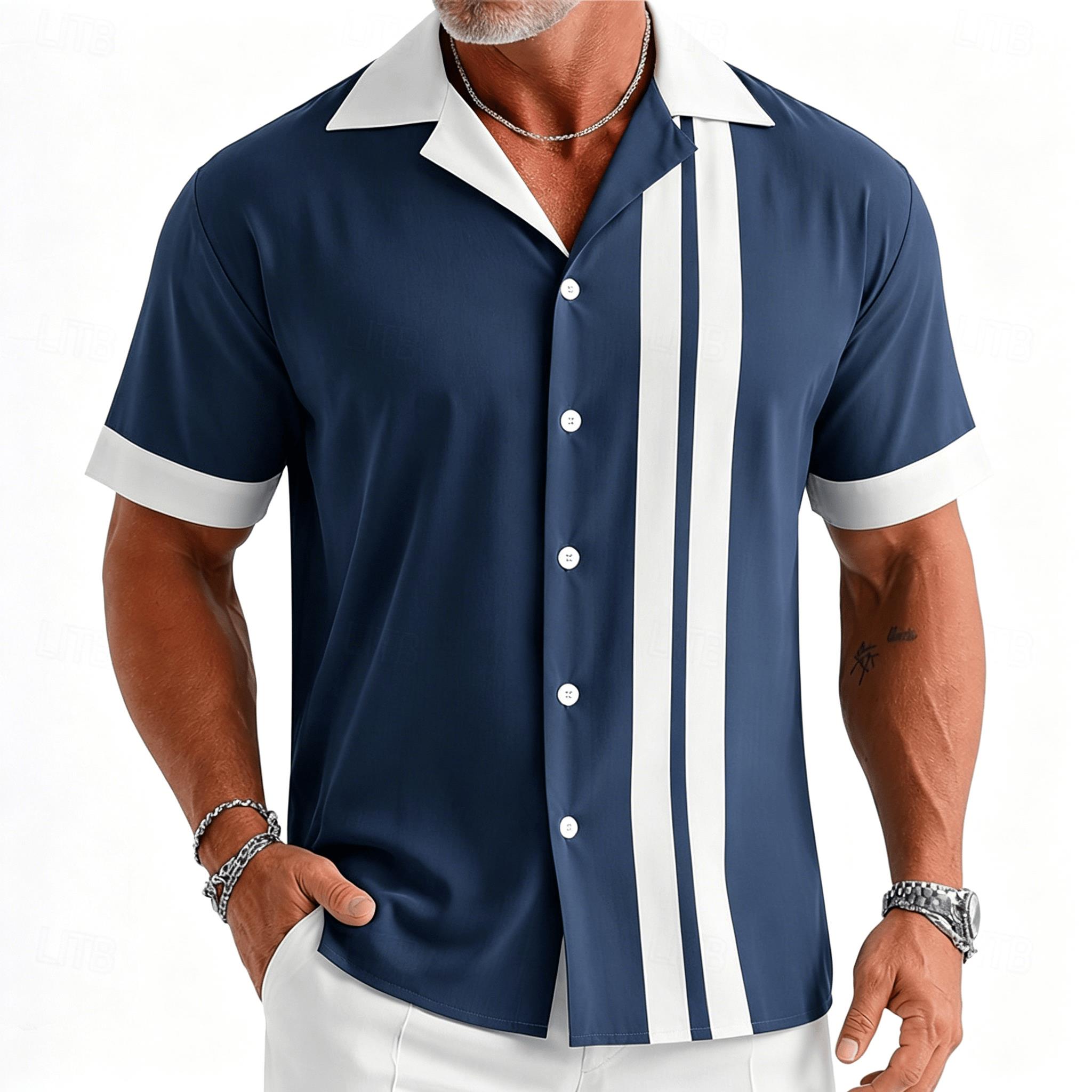 Short Sleeve Bowling Shirt Retro - Herren-Bowlinghemd in Marineblau und Weiß mit